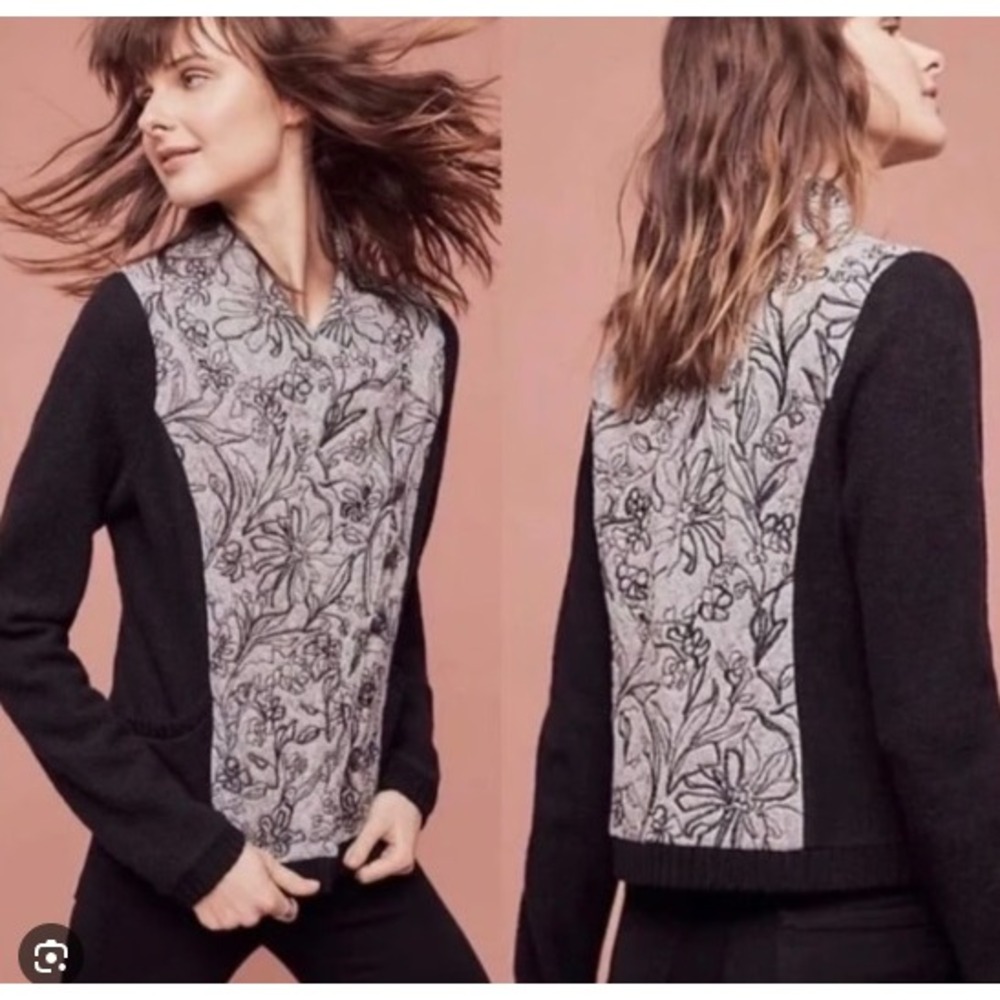 Anthropologie‎ Knitted & Knotted Grey Black Floral Embroidered Blazer Jacket M